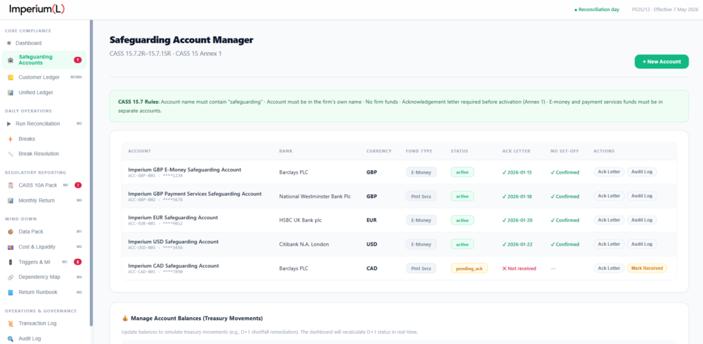 Prism dashboard showing safegurading account manager, safeguarding funds from banks in different currencies. Tracking the fund type and the status of the fund.