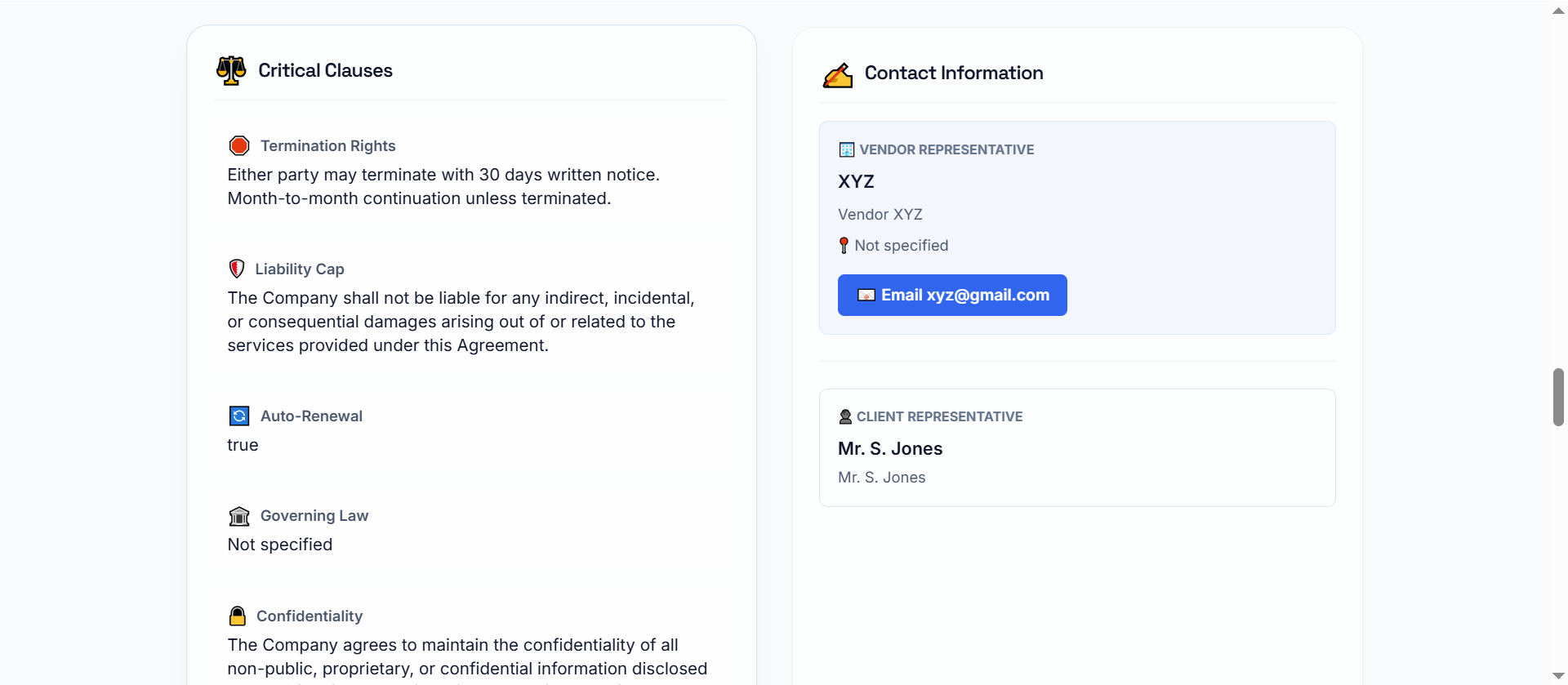 Imperium (L) Document Intelligence software summary view displaying extracted contract clauses and vendor contact information.