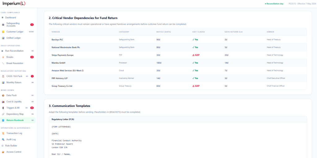 Imperium (L) Wind‑Down Planning dashboard displaying critical vendor dependencies for fund return under FCA CASS 15, including notice periods, exit clauses, and data return SLAs, alongside standardized regulatory communication templates for the FCA and client notifications.